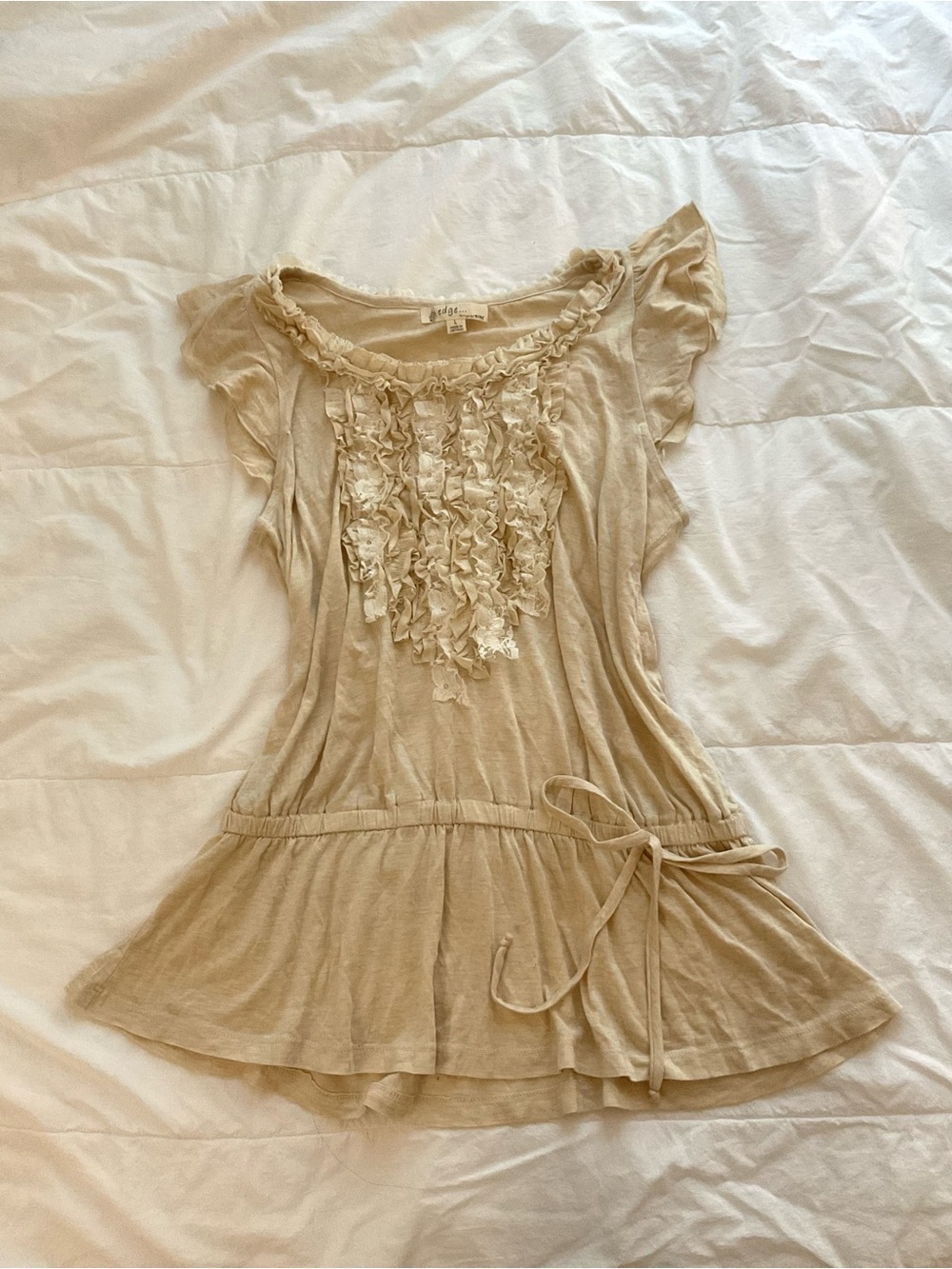 edge Beige Ruffle Scoop-Neck Tie-Waist Tunic